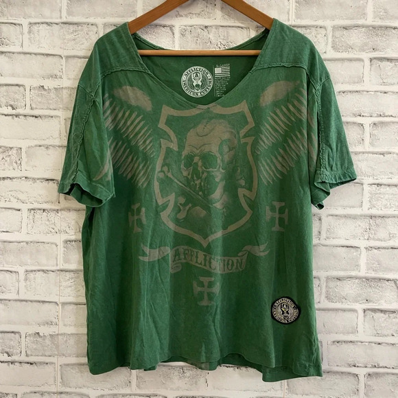 Women’s Affliction American Customs green v-neck skull graphic t-shirt, Size XL - Picture 1 of 6